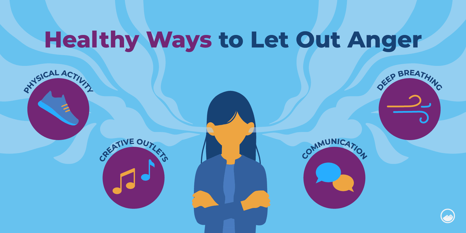 a woman with a blue shirt and a blue background with a bunch of different things around her