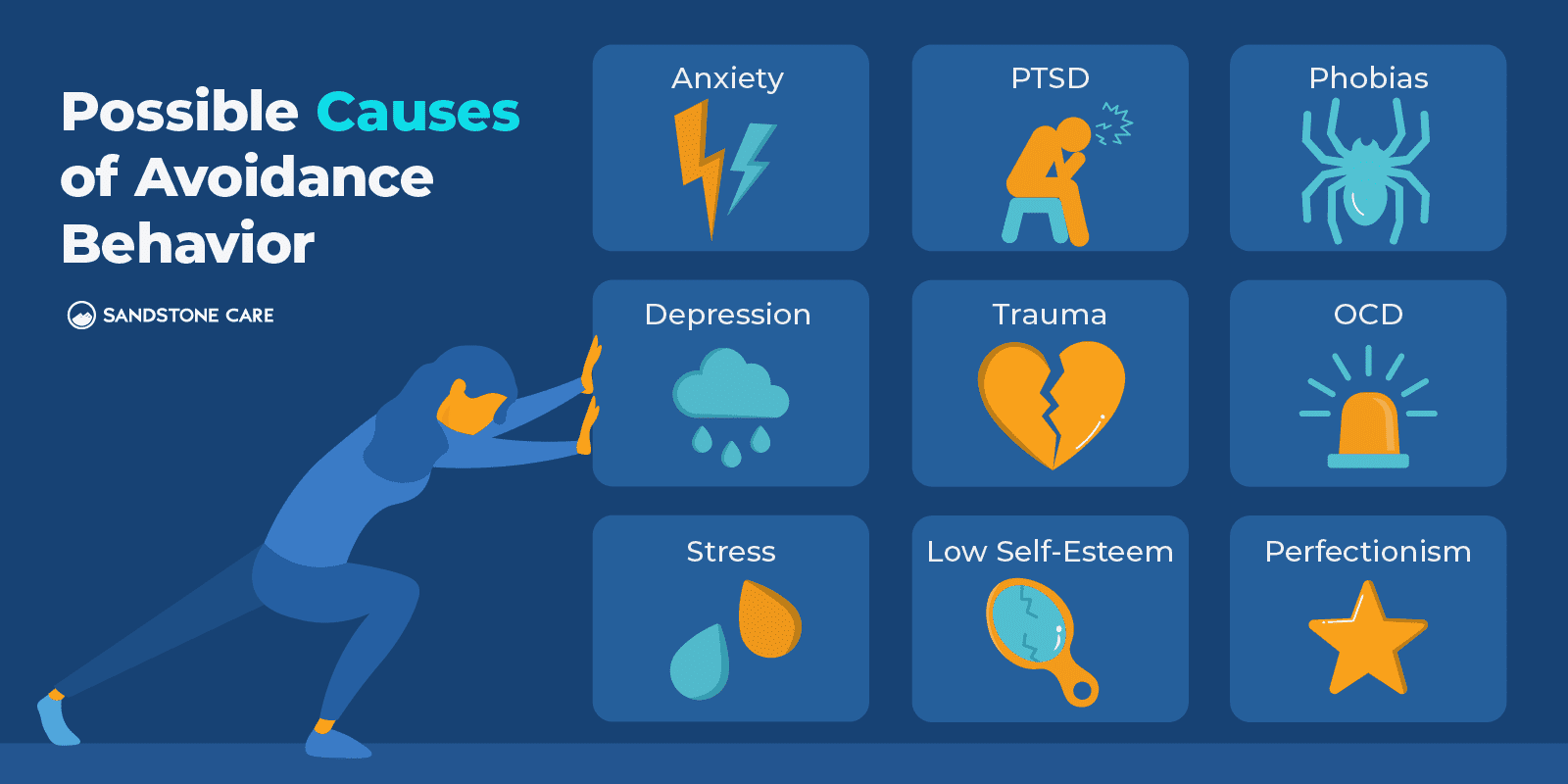 a woman is pushing a stick with the words possible causes of avoidance behavior