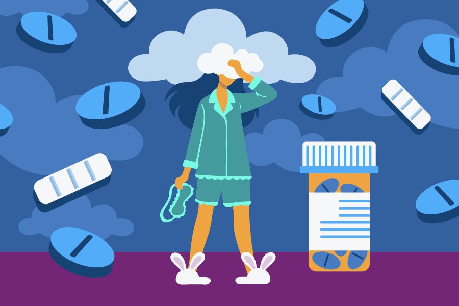 illustration of a woman standing in front of a bunch of pills