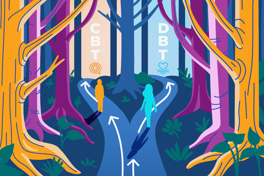 illustration of a person walking down a road in the woods