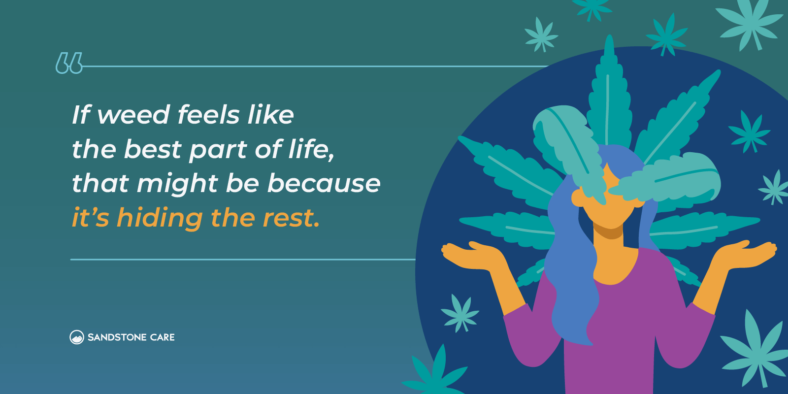 a woman with a leaf headdress and a quote about weed