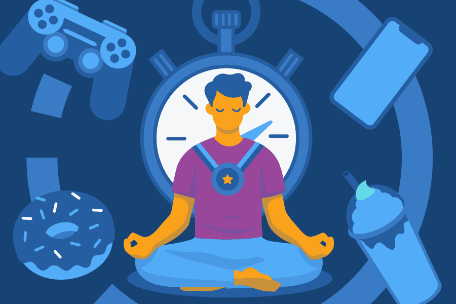 there is a man sitting in a lotus position with a clock and video game controllers