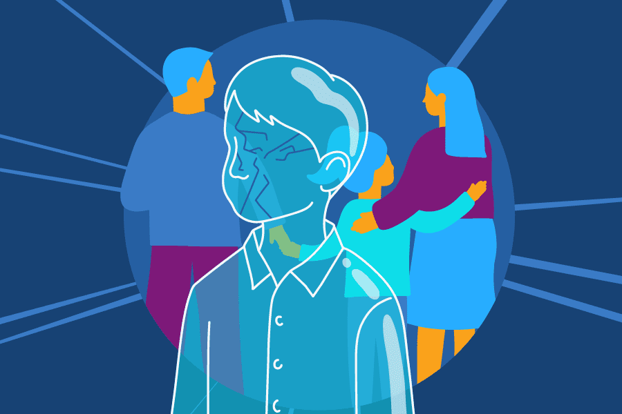 illustration of a man with a face covered in tears and a woman behind him