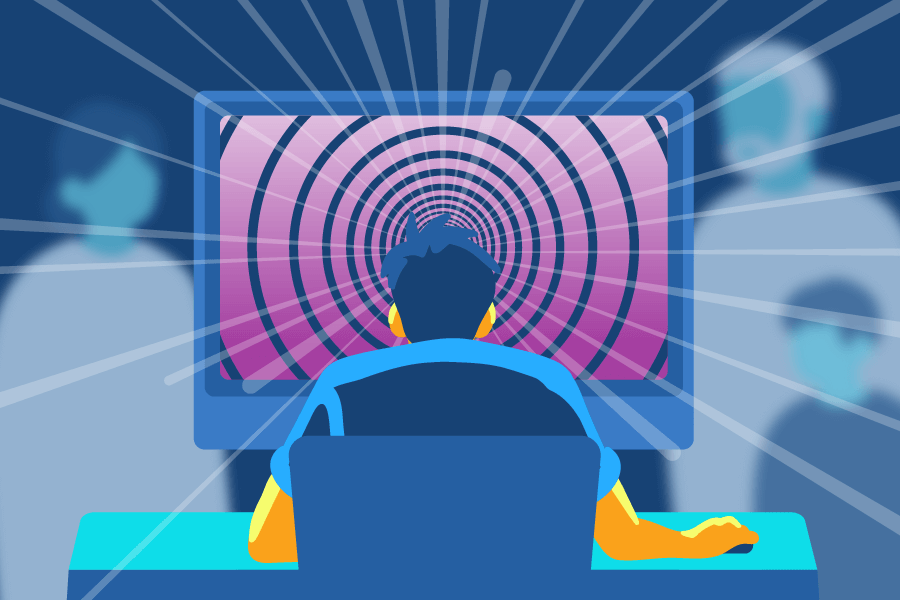 illustration of a person sitting in front of a computer with a tv screen