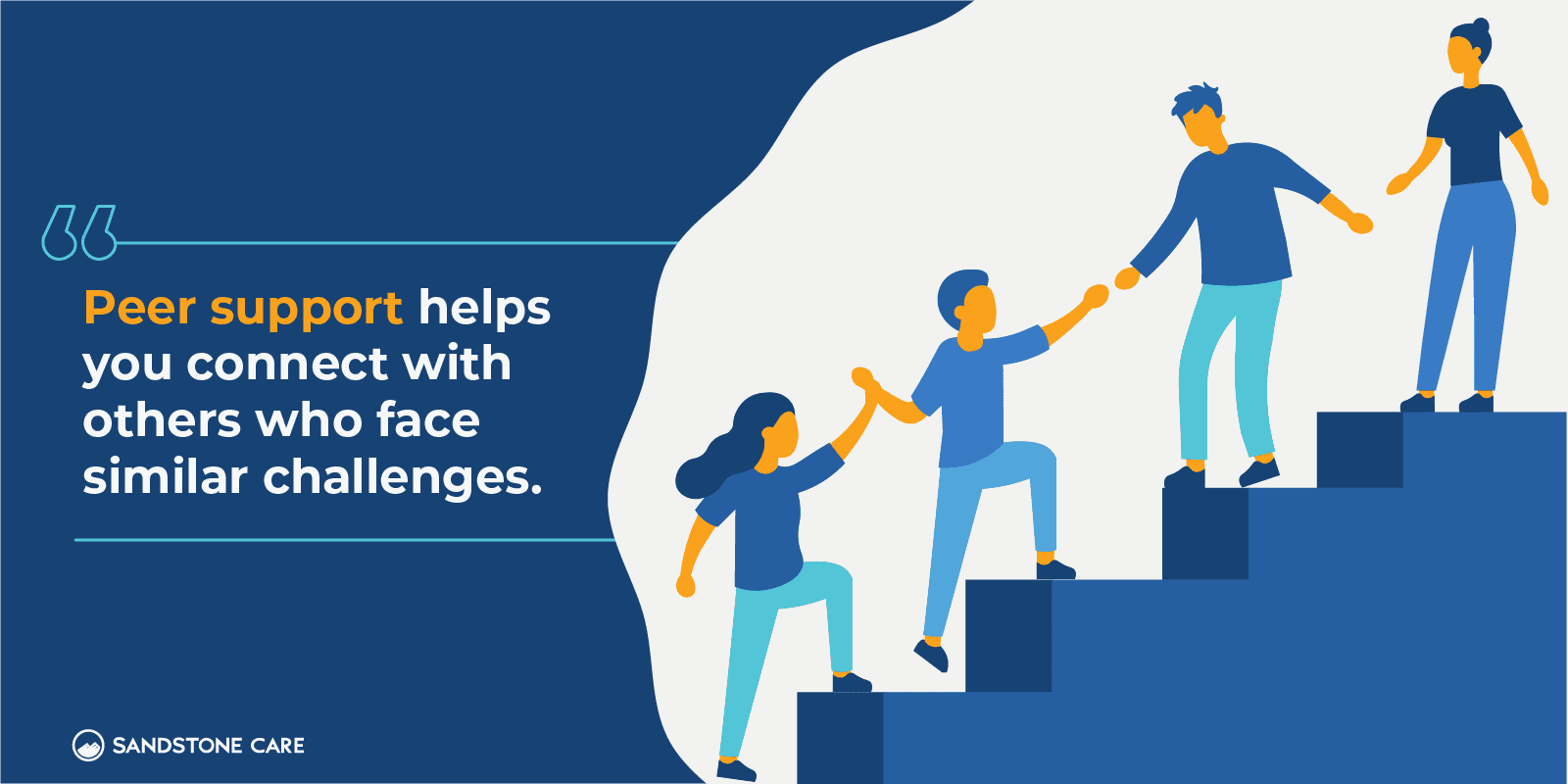 a group of people climbing up a set of stairs with a quote about peer support helps you connect