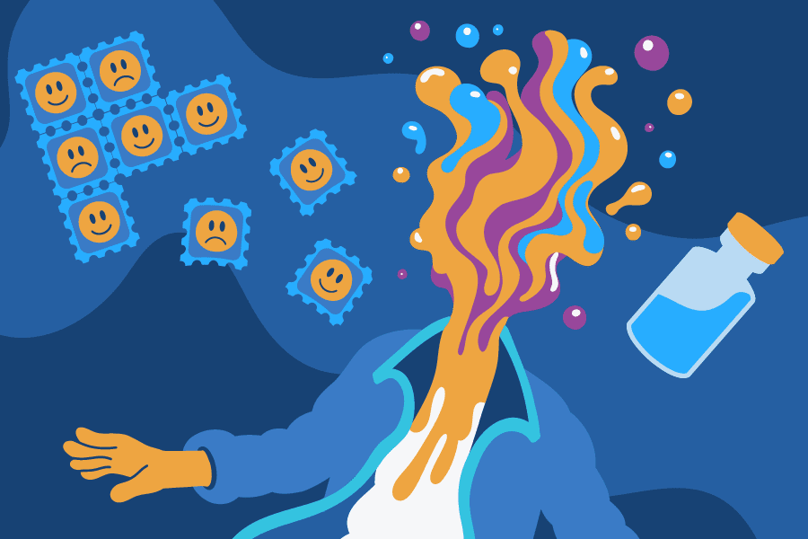 illustration of a woman with a bottle of liquid and emoticions