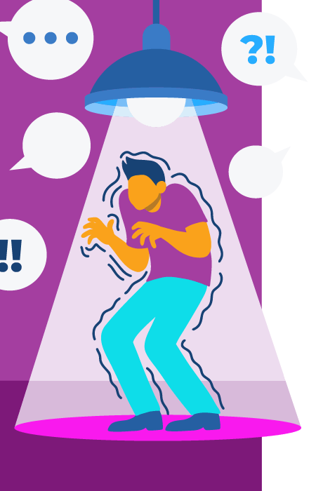 a man standing under a light with speech bubbles above him