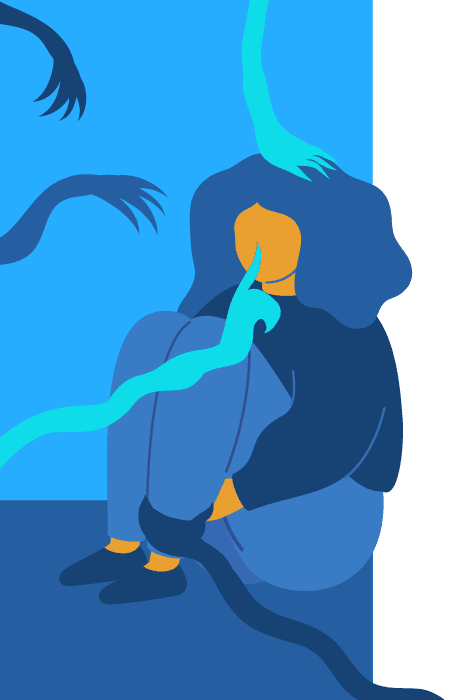 illustration of a woman sitting on a couch with her head in her hands