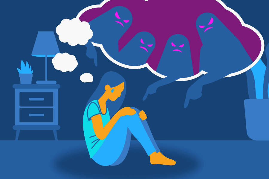 illustration of a woman sitting on the floor with a thought bubble above her head