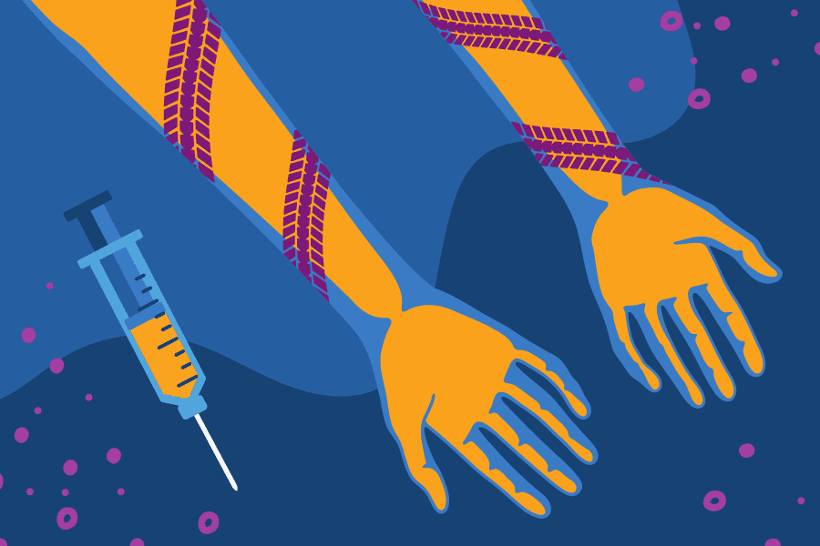 illustration of a syll and a hand with a bandage and a needle