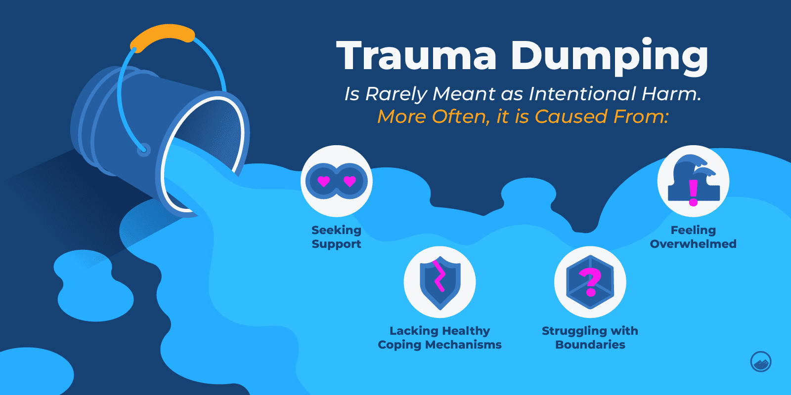 a blue and white poster with a picture of a bucket of water and the words trauma dumping