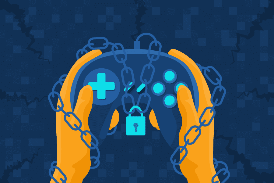someone is holding a video game controller with chains around it