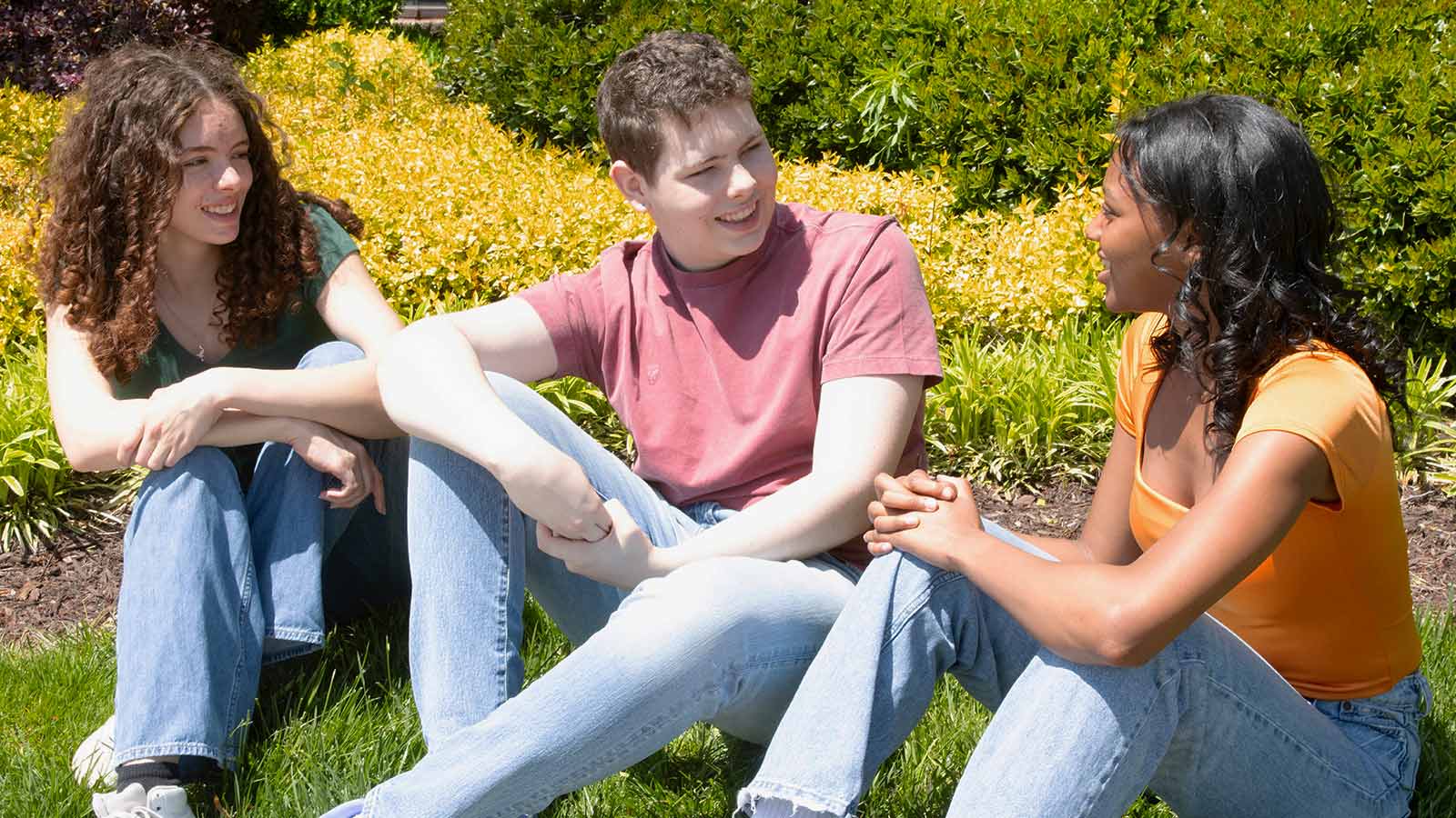 Three young people sitting on the grass talking to each other.