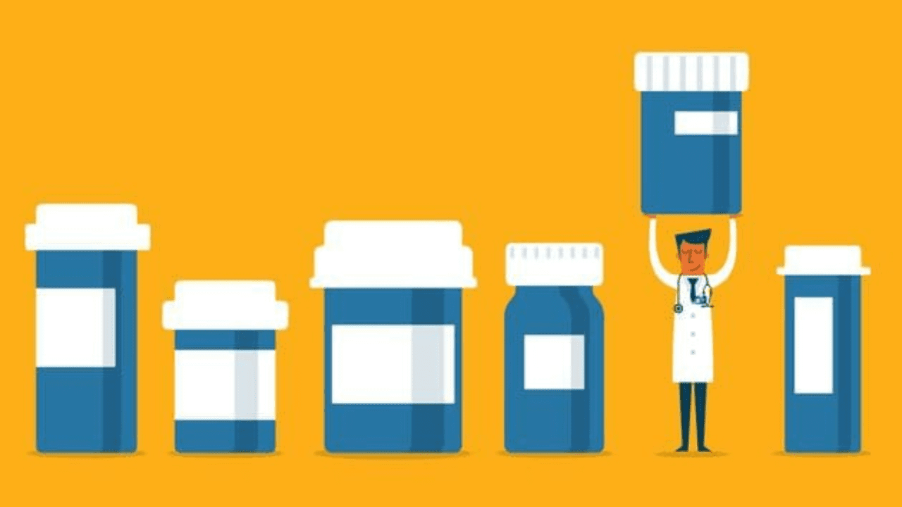 a man holding a large bottle of pills in front of a row of bottles