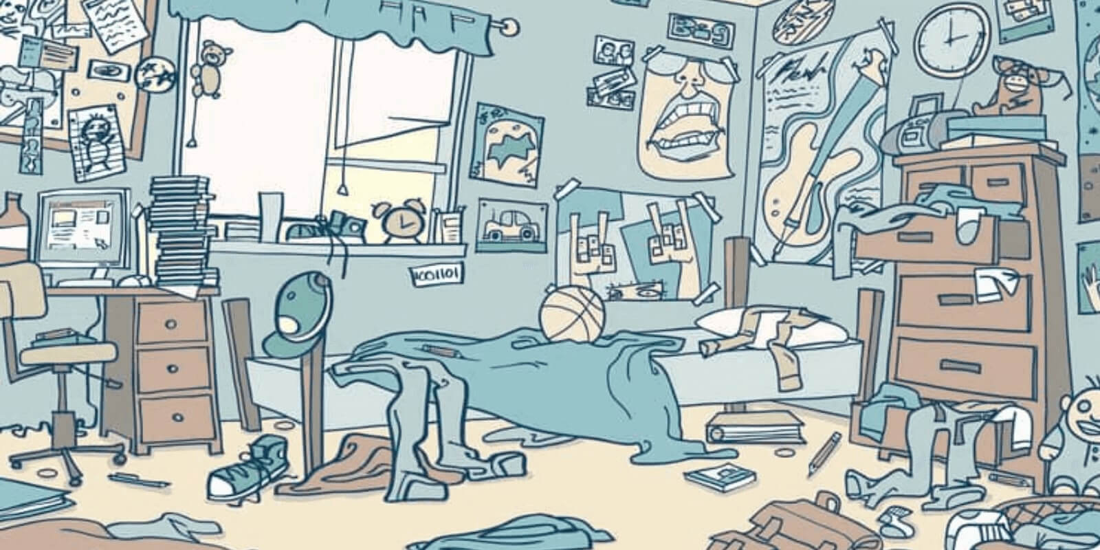 drawing of a messy room with items all over floor