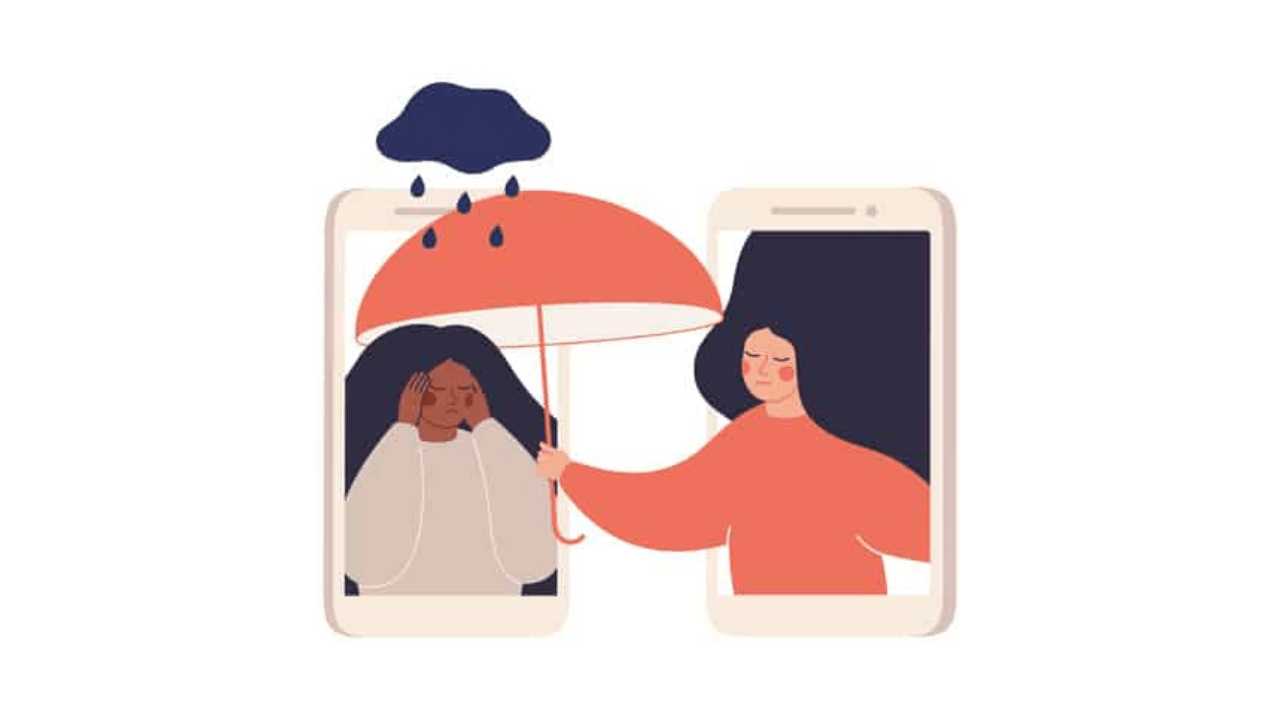 a woman holding an umbrella next to a phone with a man holding an umbrella
