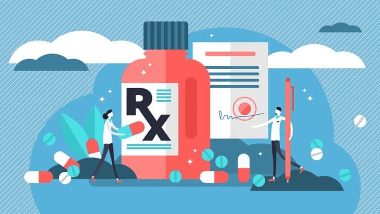 a man and woman standing next to a bottle of rx