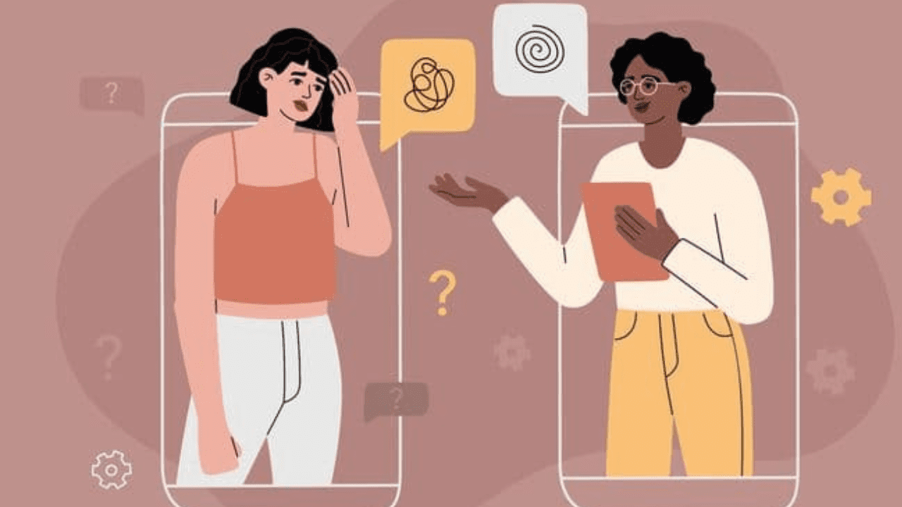 two people are talking on their phones with speech bubbles above them