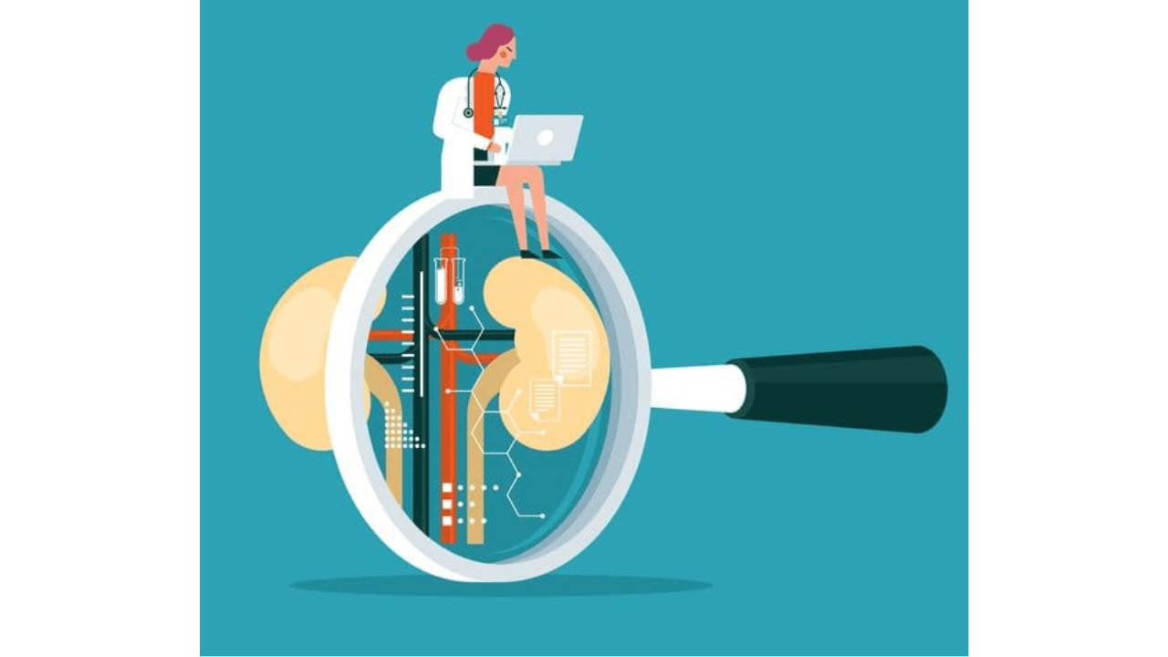 a woman sitting on top of a magnifying looking at a diagram