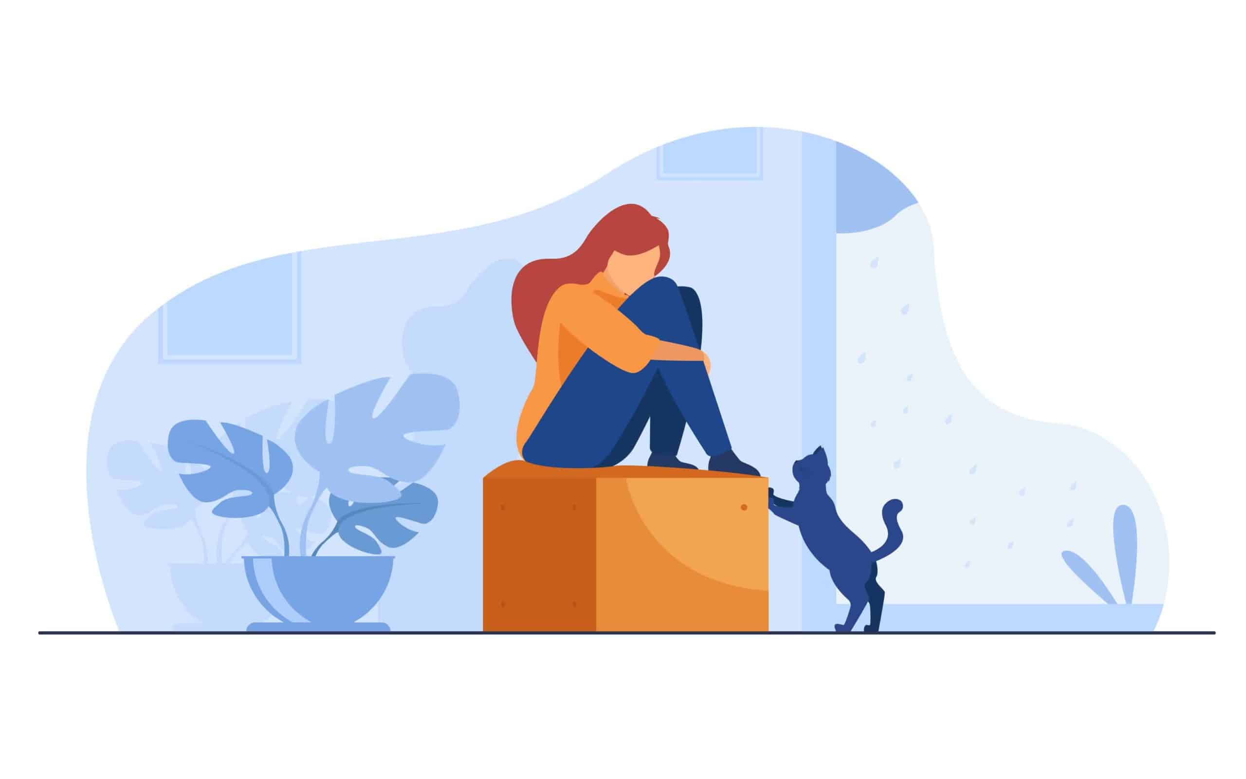 illustration of a woman sitting on a box with a cat