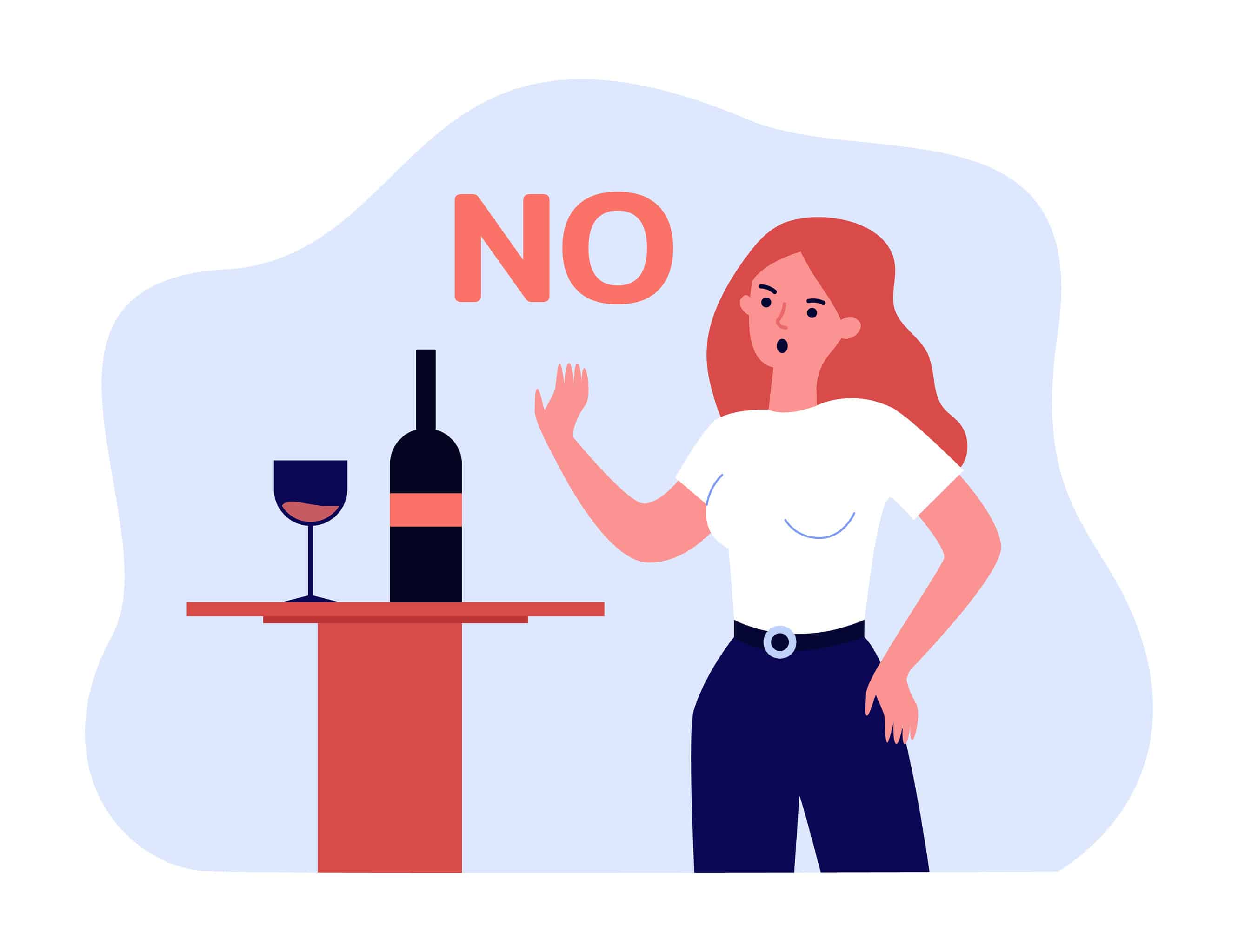 Angry cartoon woman saying no to alcohol