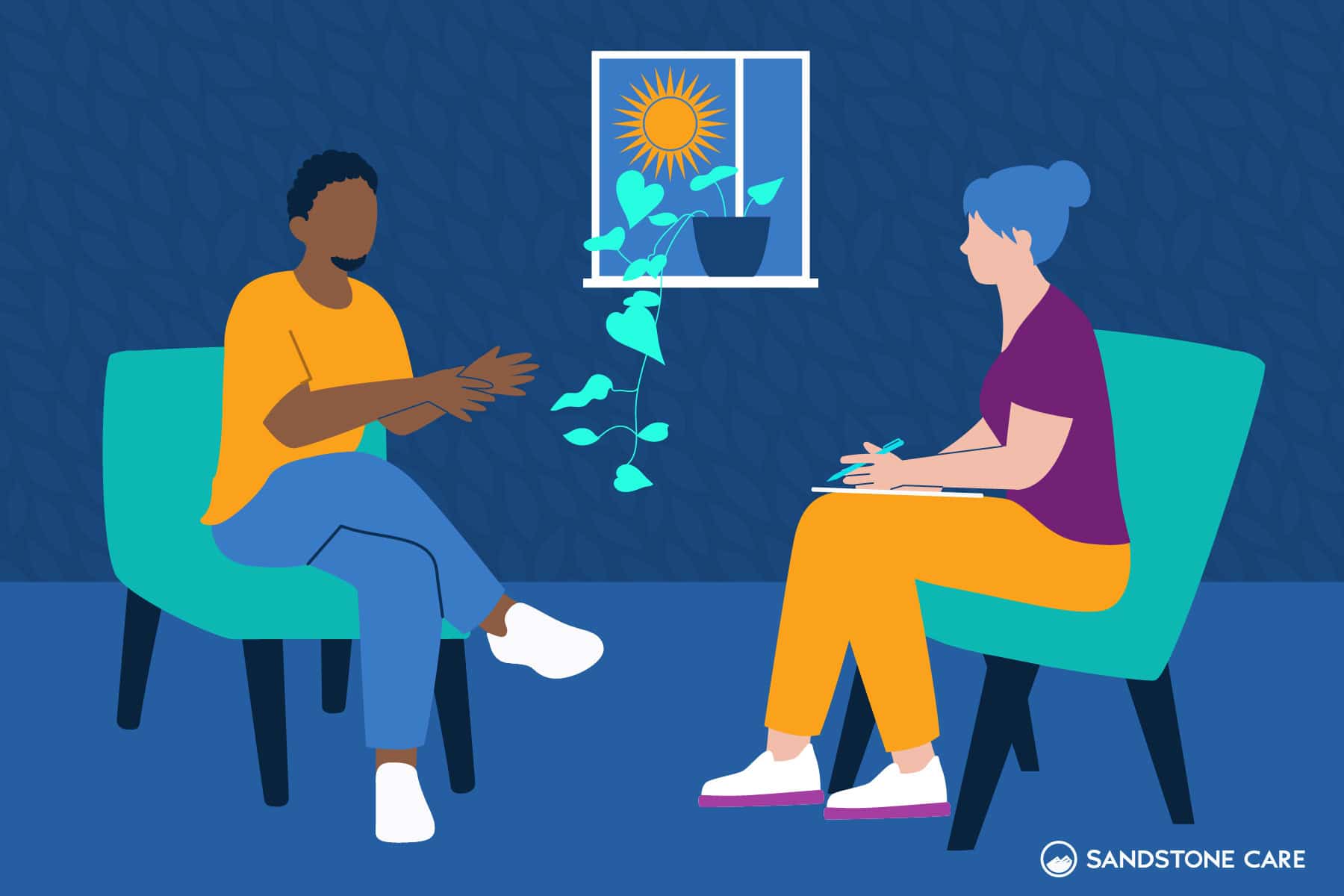 A male patient is sitting in a therapists office, speaking to a female therapist