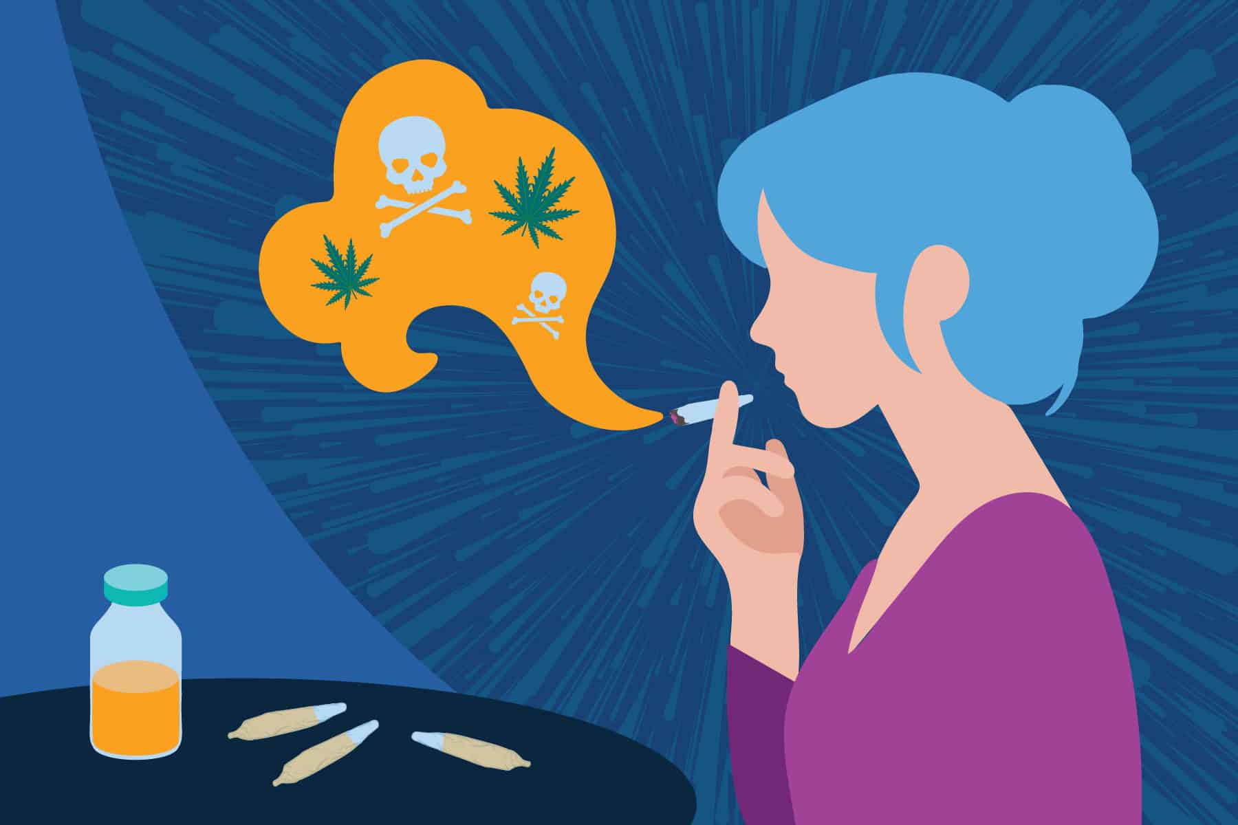 A woman smoking a sherm stick, with PCP and joints on the table next to her