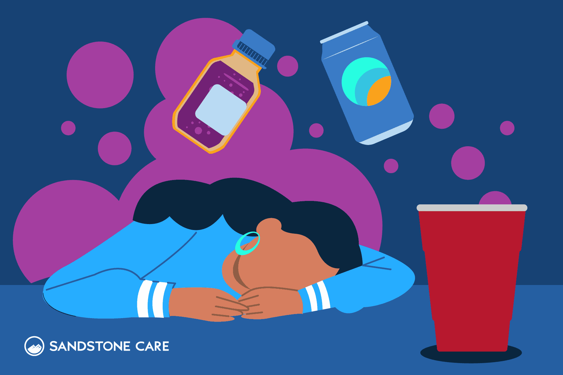 A girl laying her head down on a table after drinking lean cough syrup and soda
