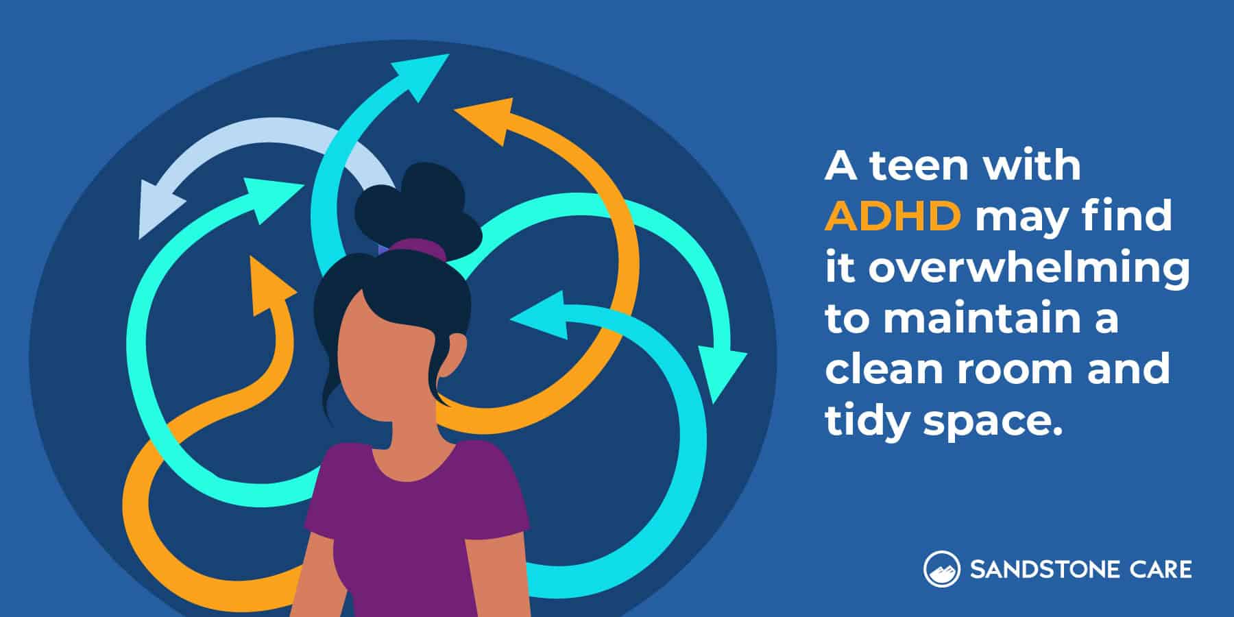 A teen with ADHD may find it overwhelming to maintain a clean room and tidy space