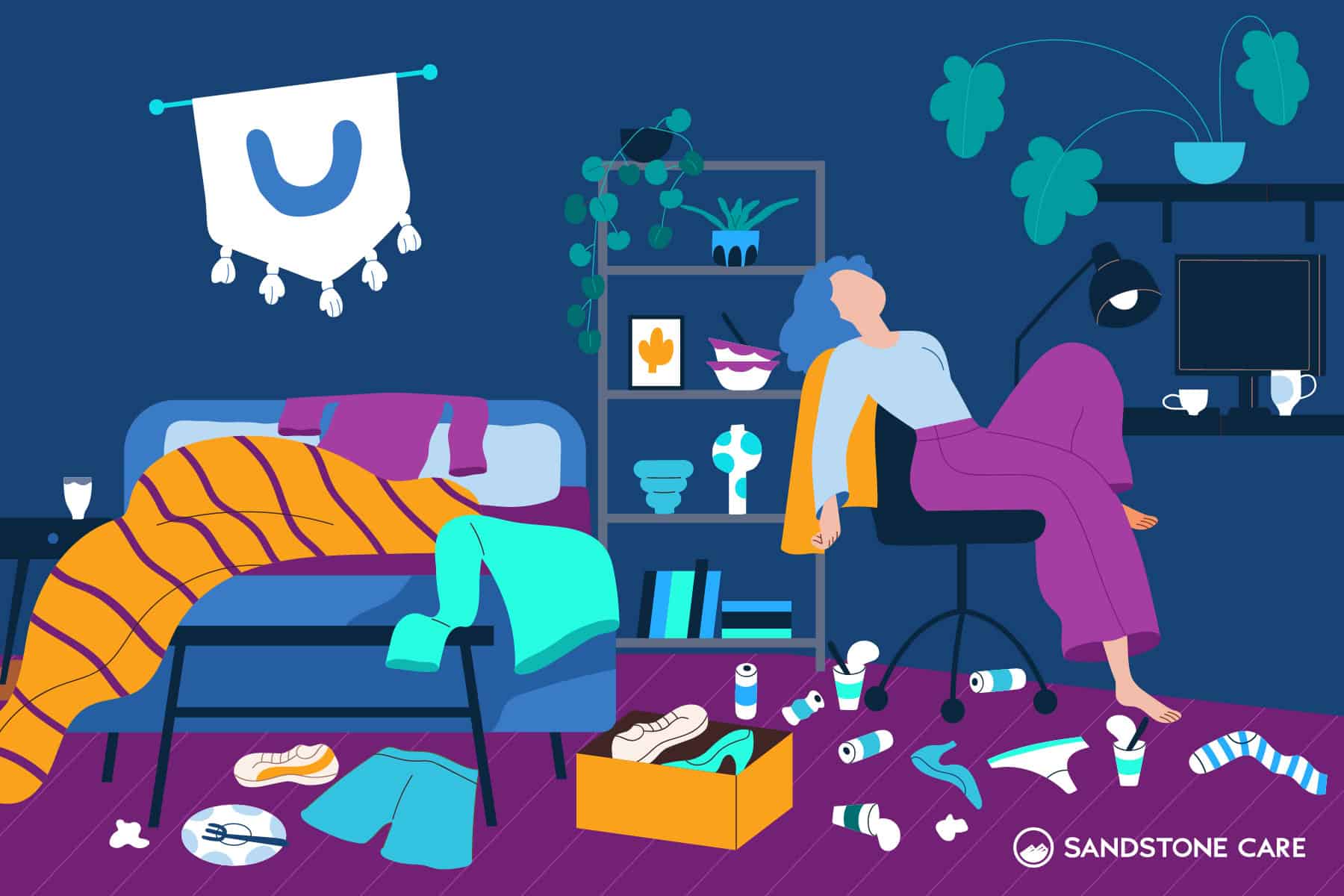 A teenage girl sitting in a messy bedroom