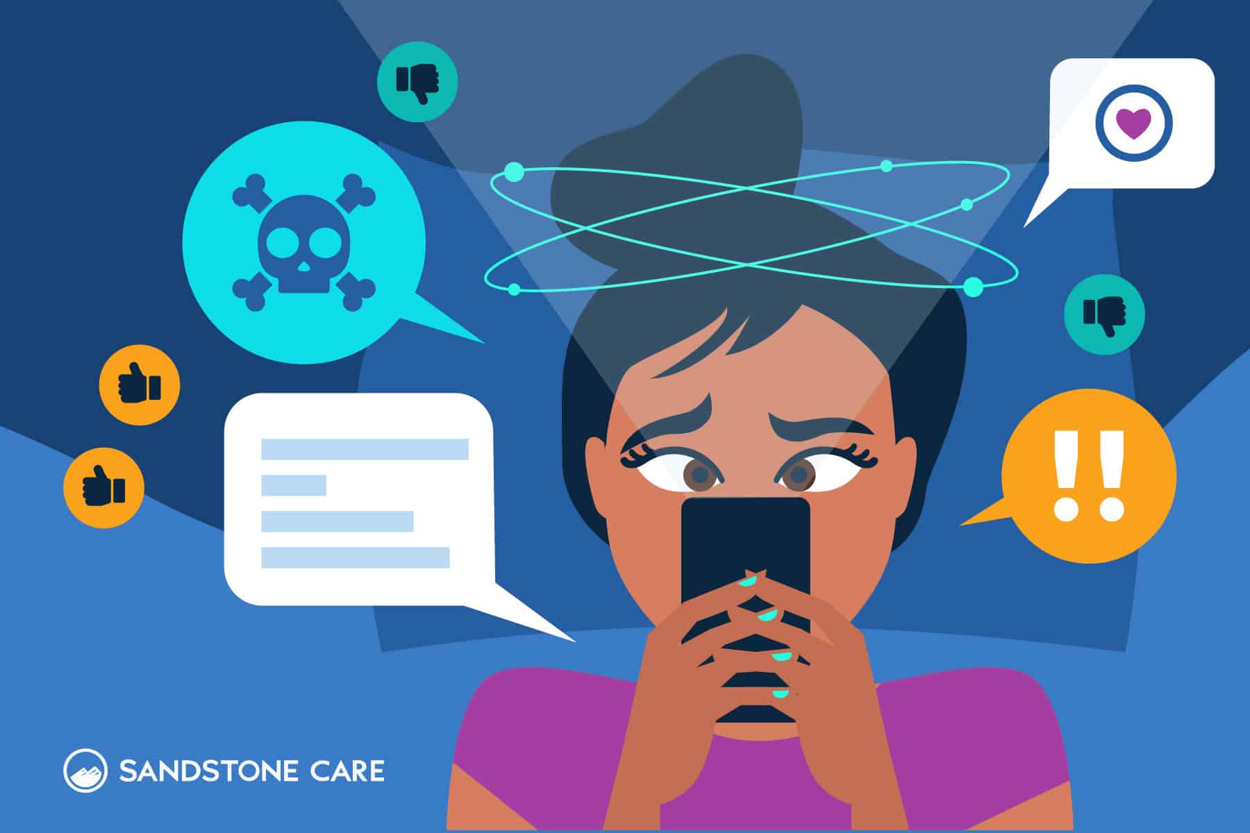 A girl looks at her phone and feels overwhelmed by all the apps, likes and content.