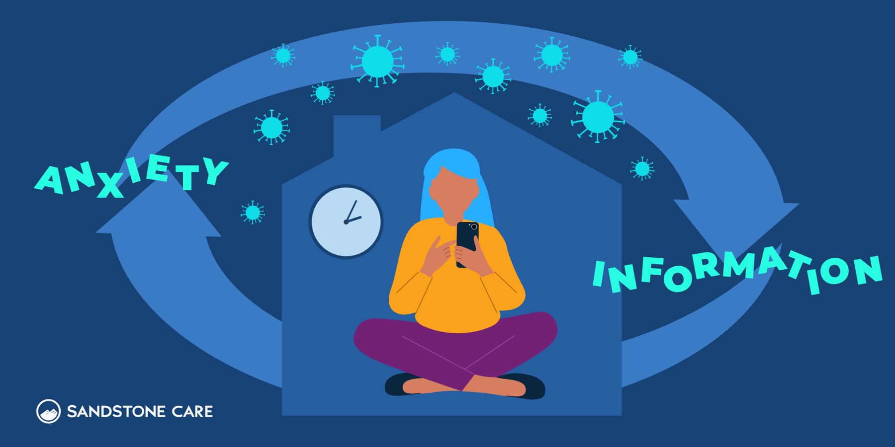 a woman sits inside of her house quarantined during the pandemic, and is getting anxiety from looking at her phone