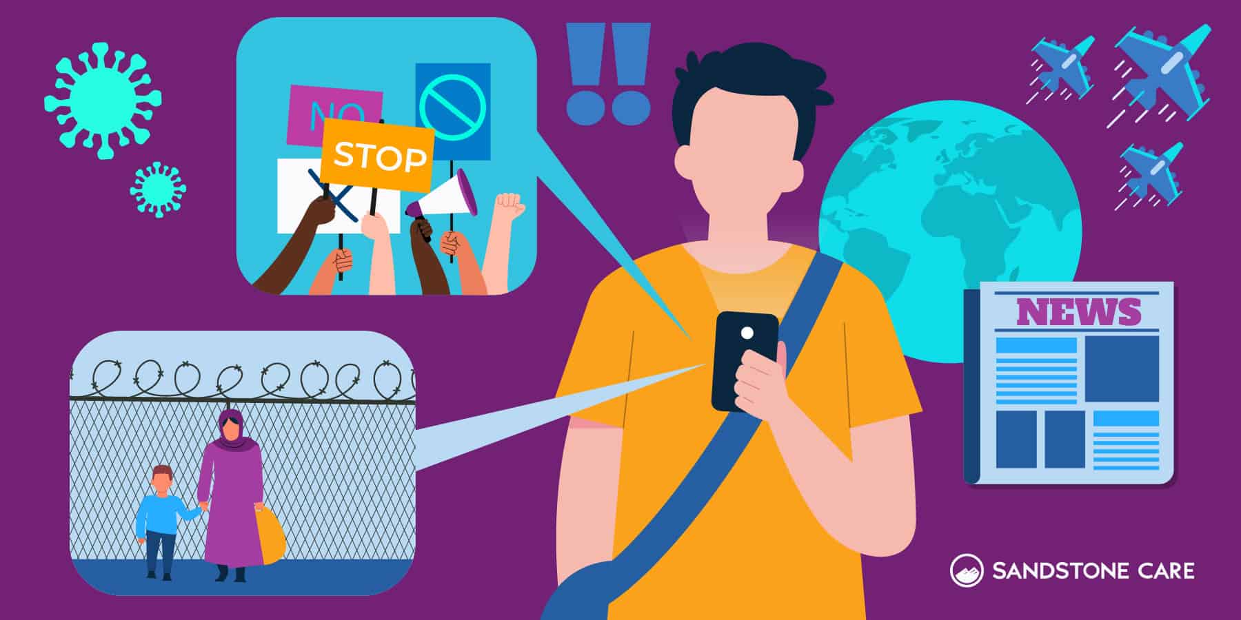 a man looks at his phone and feels anxiety due to seeing negative content on the news
