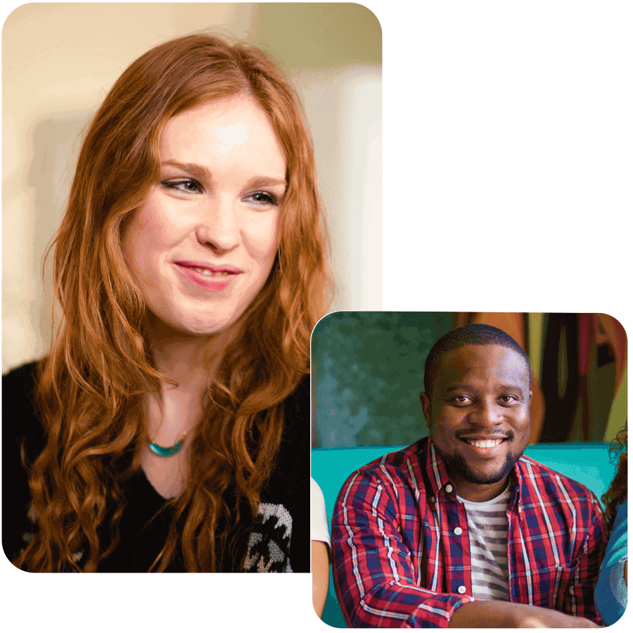 there are two pictures of a woman and a man smiling