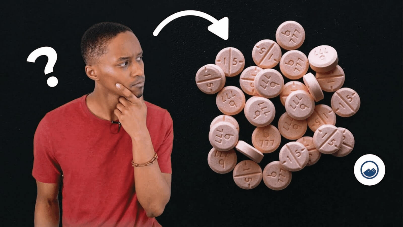 arafed man looking at a pile of pills and a question mark