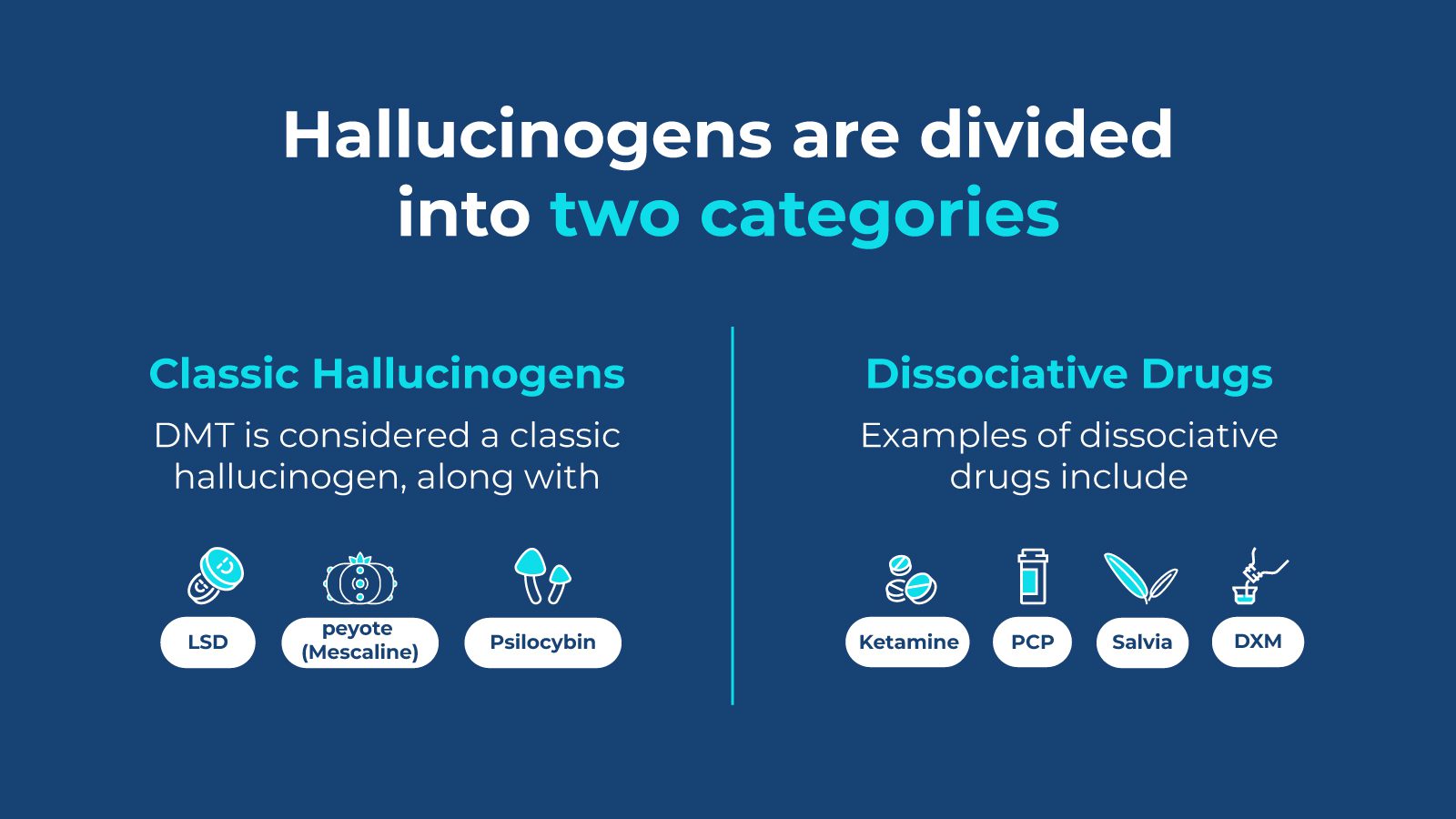 a close up of two different types of drugs with the words halucinoens are divided into