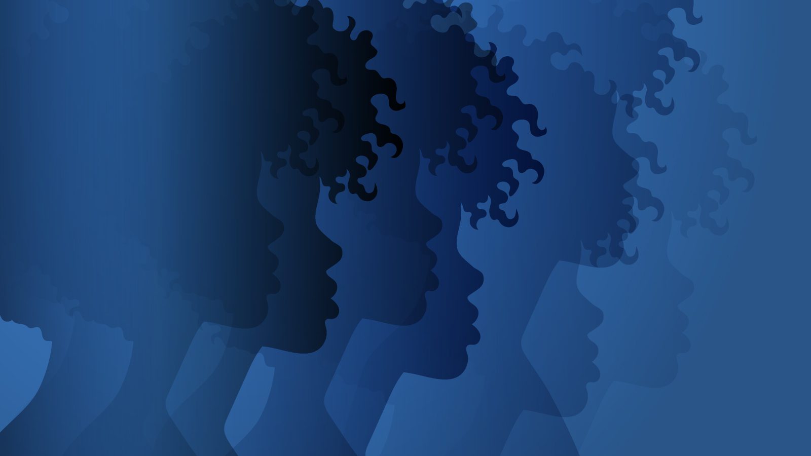 there are many silhouettes of people with curly hair on a blue background