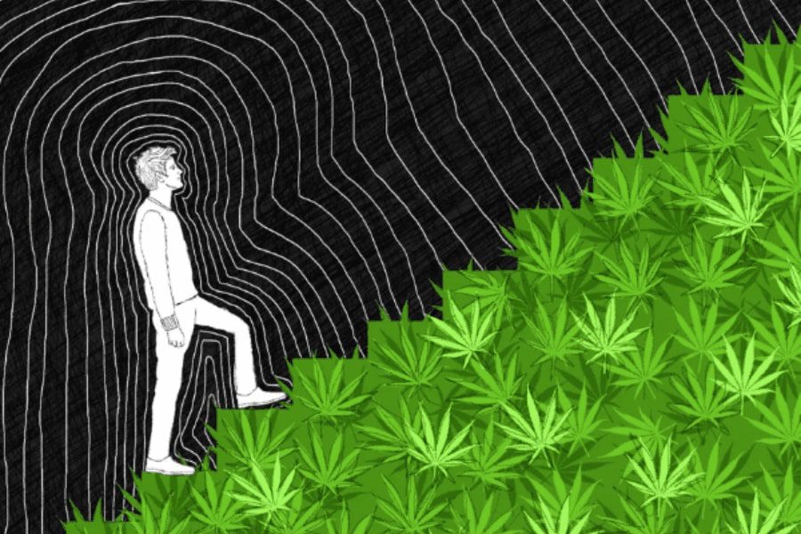 marijuana addiction person walking up a stairway of marijuana