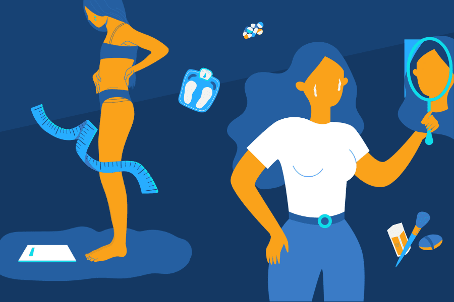 illustration of a woman in a bikini holding a mirror and a mirror