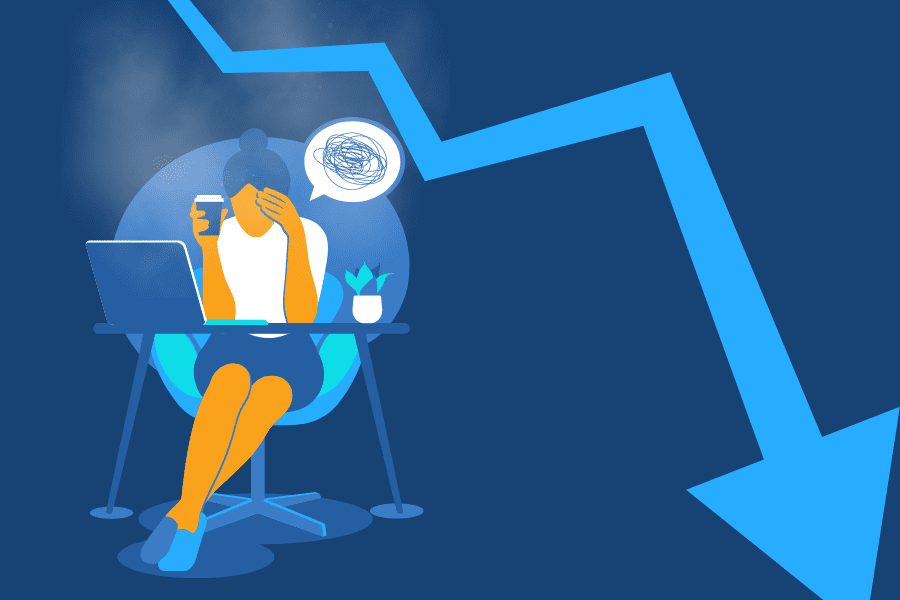 illustration of a woman sitting at a desk with a laptop and a laptop computer