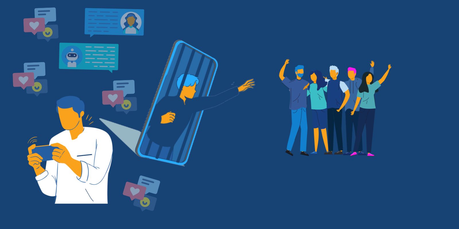 illustration of a man holding a cell phone and a group of people surrounding him