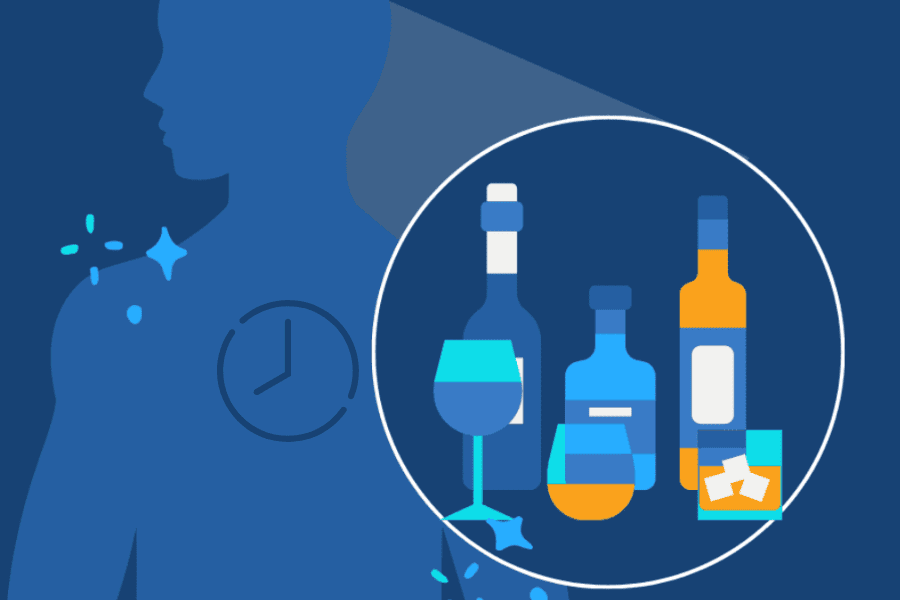 there is a man with a clock and a bottle of alcohol