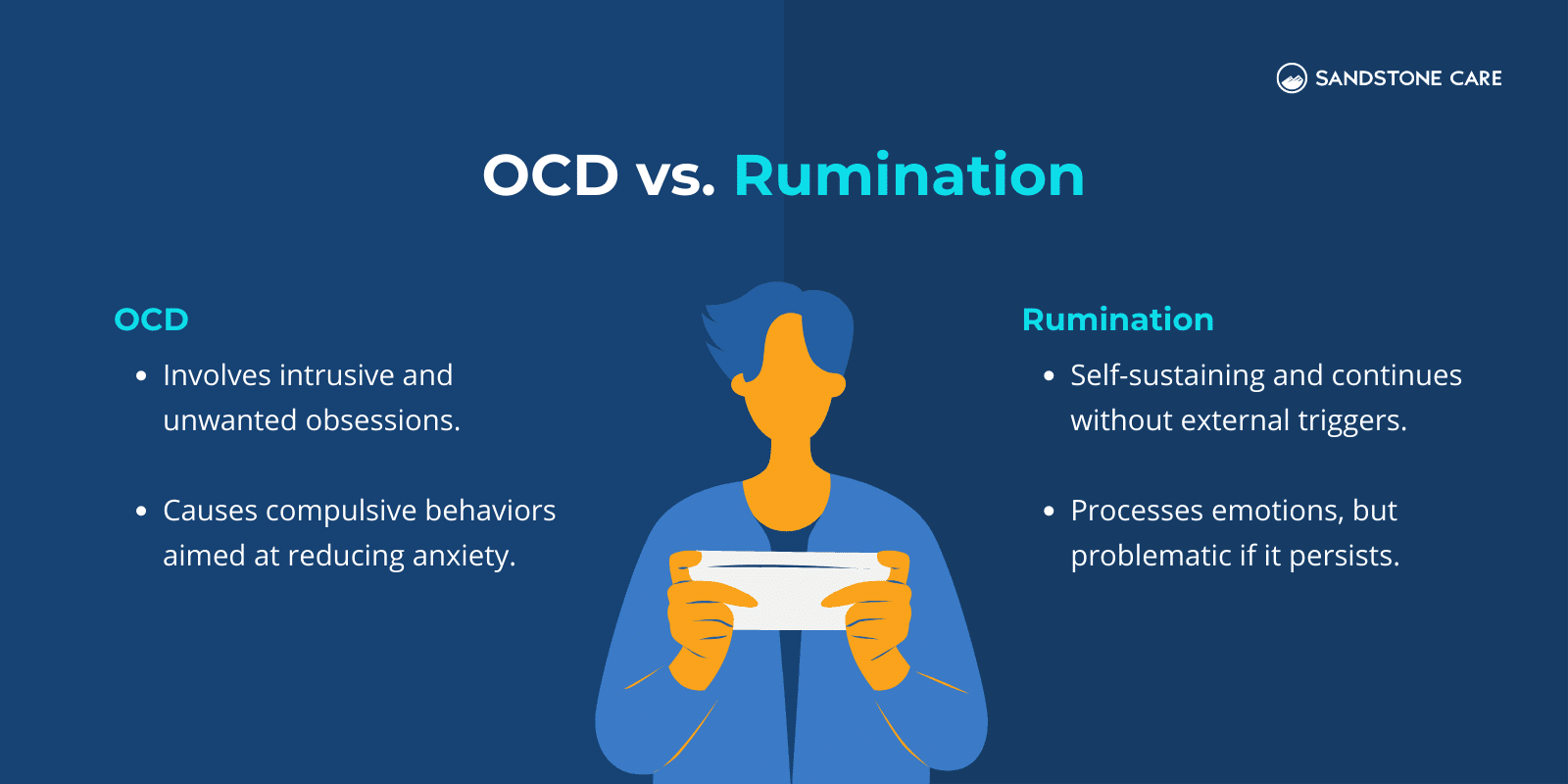 a man holding a tablet computer with the words ocd vs rumination