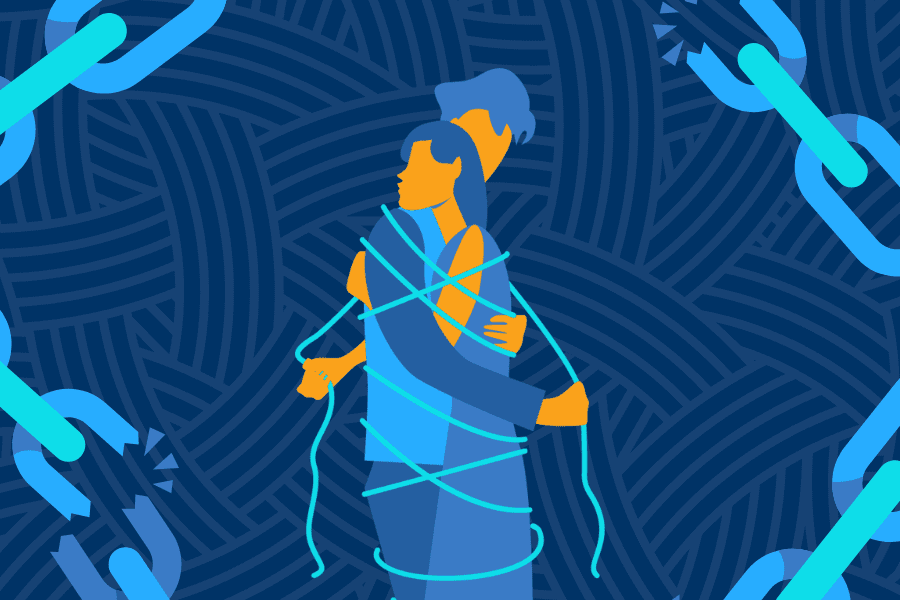 illustration of a woman wrapped in a rope with chains around her