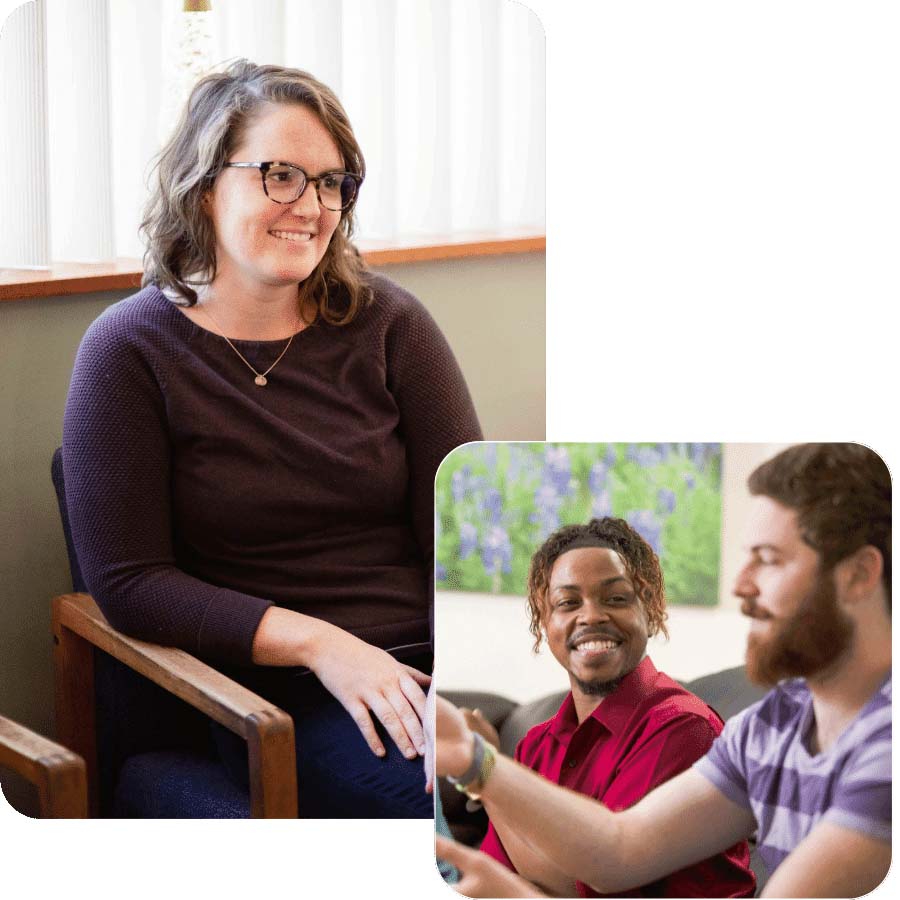 there are two pictures of a woman and a man sitting together