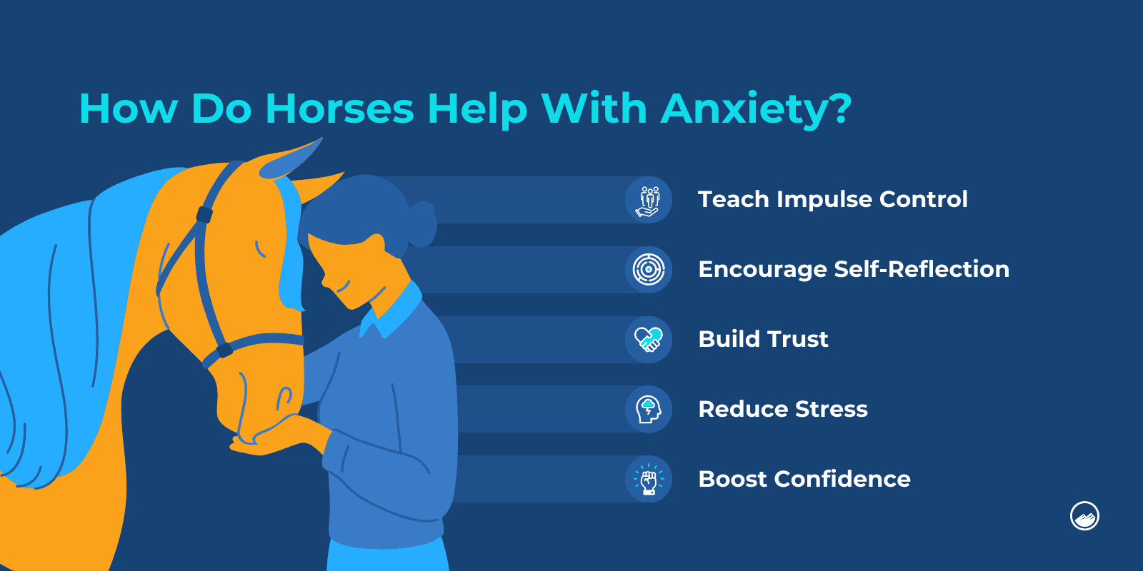 a man is holding a horse ' s head with the words how do horses help with anxiety?