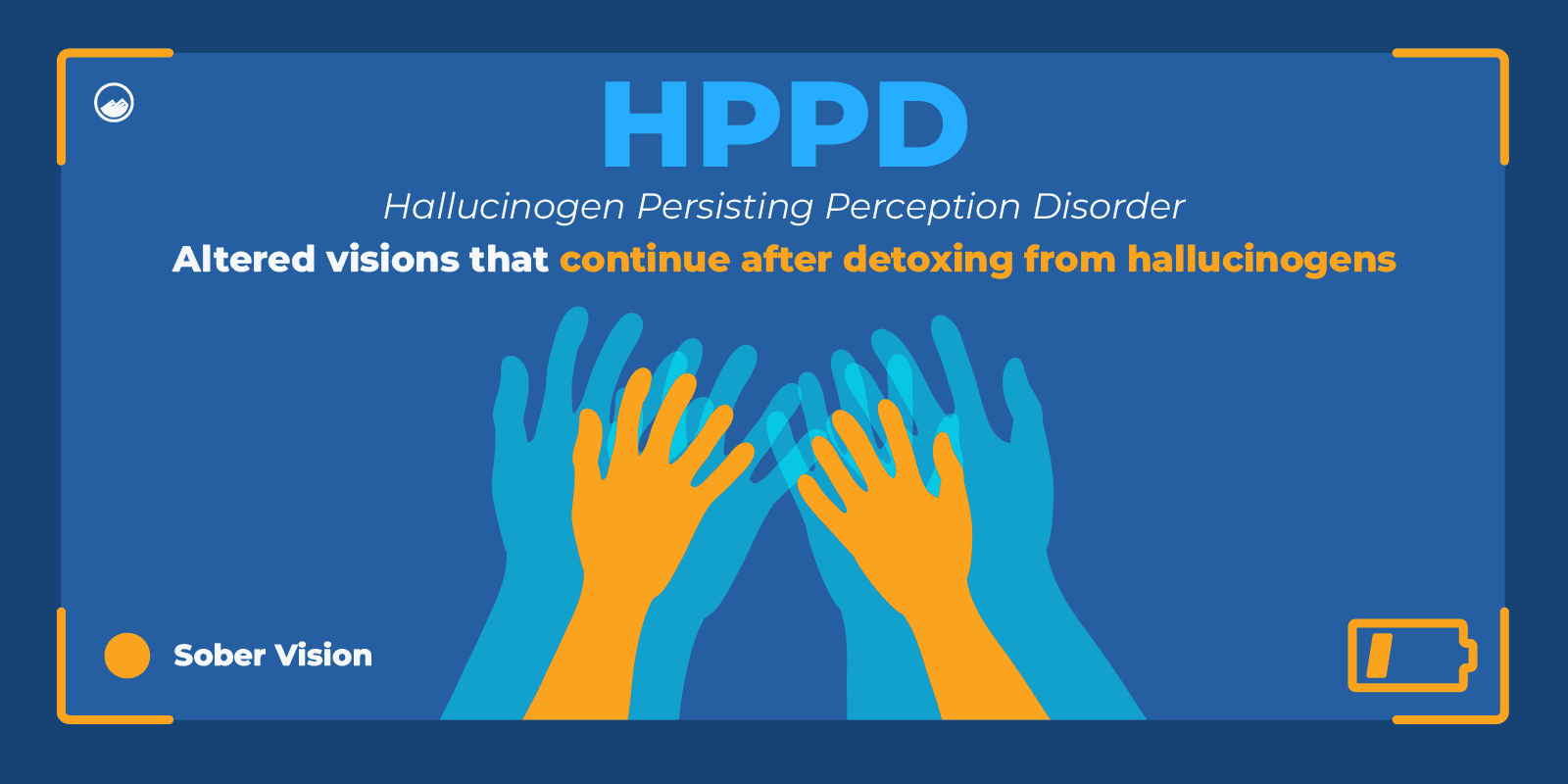 a blue and yellow poster with two hands reaching up to each other