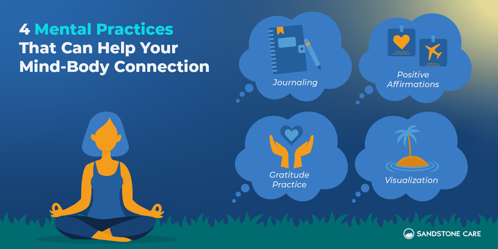 a woman meditating in a lotus position with the words mental practices that can help your mind -