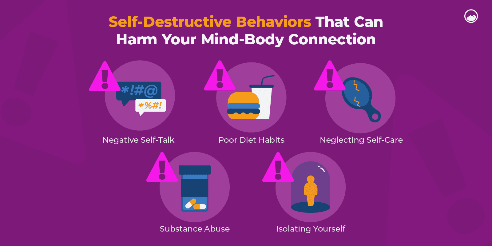 a purple background with a graphic of the five self destructive behaviors that can harm your mind - body