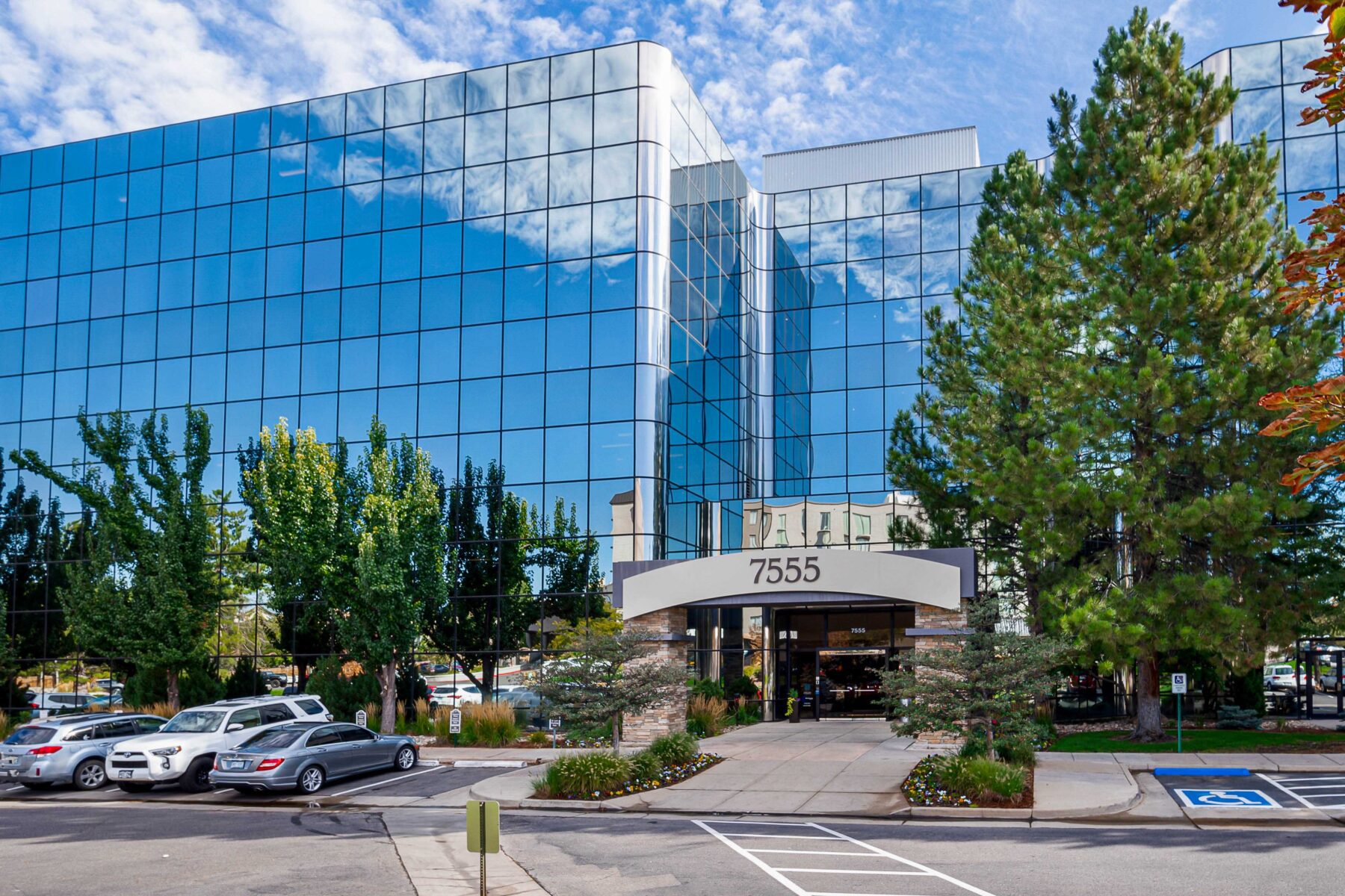 Front of office building with blue sky in the background